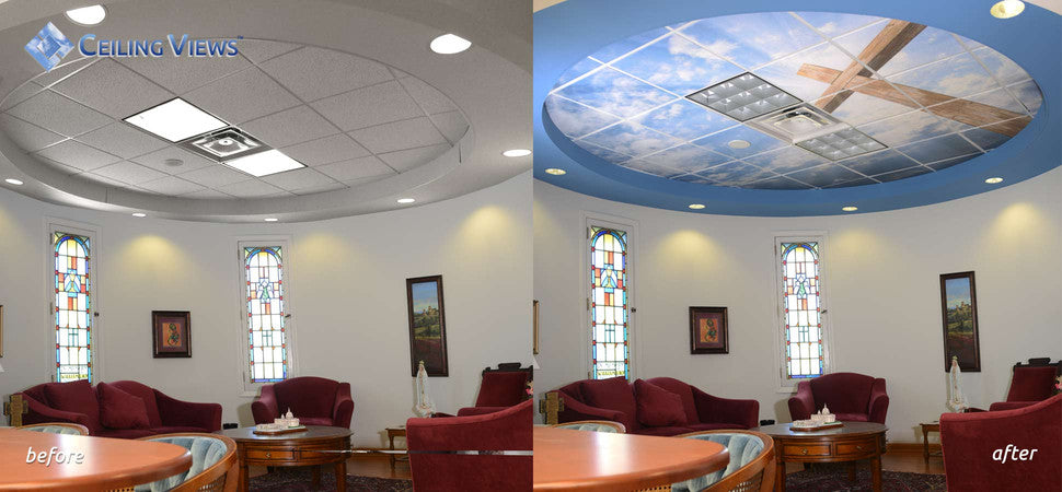 Before and After - Custom Printed Ceiling Tiles - Spiritual Cross
